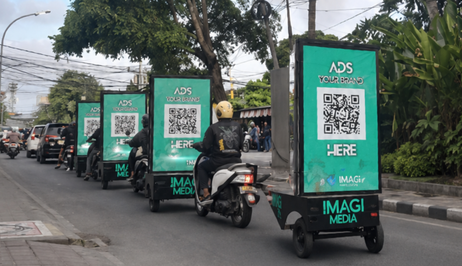 A fleet of Imagi Media mobile billboard scooters advertising on a street in Bali